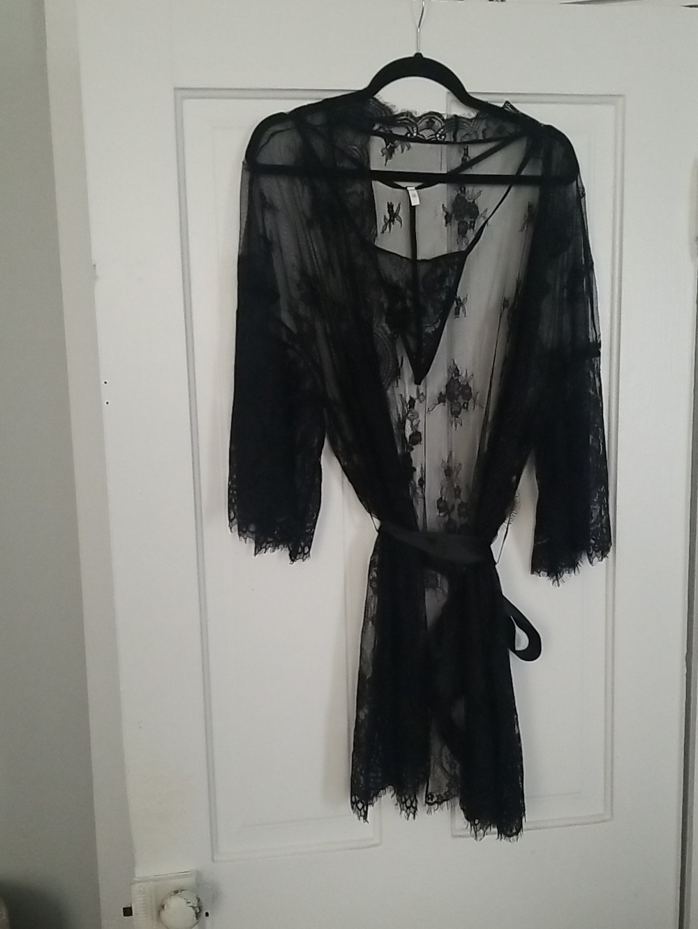 Black Lace Sheer Robe with Belt - Women Intimates & Sleepwear